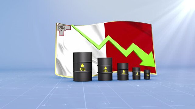 Malta Oil Price Falling with Oil Barrels Downward Green Arrow and 3D Financial Data Visualization Graphs for Economy and Business Concept
