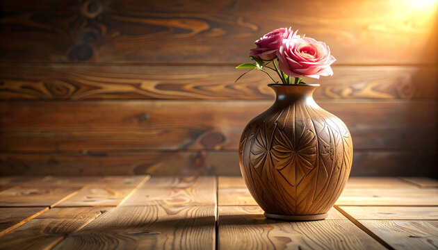 Pink roses in ornate vase on wooden surface