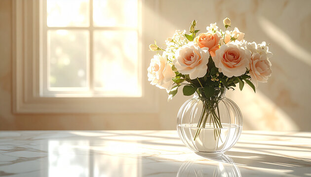 Soft light illuminates delicate rose bouquet in clear vase on reflective surface