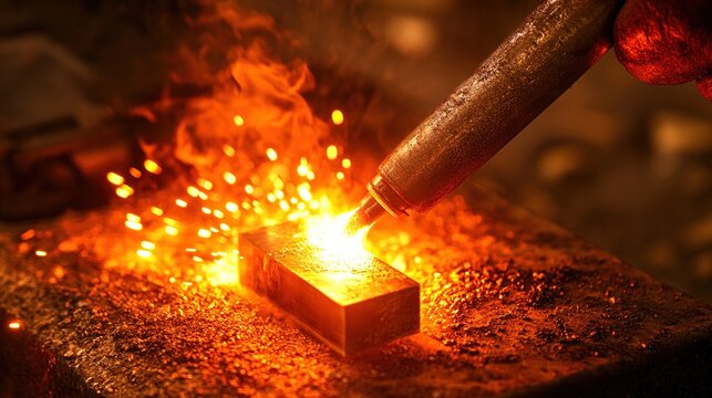 brazed. Close-up of brass being brazed to iron with glowing molten metal and sparks. safety posters, maintenance manuals, designed for industrial assembly lines and welding operations.
