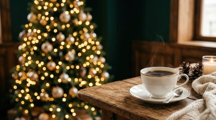 Fototapeta premium Cozy Christmas morning with hot coffee and a decorated tree