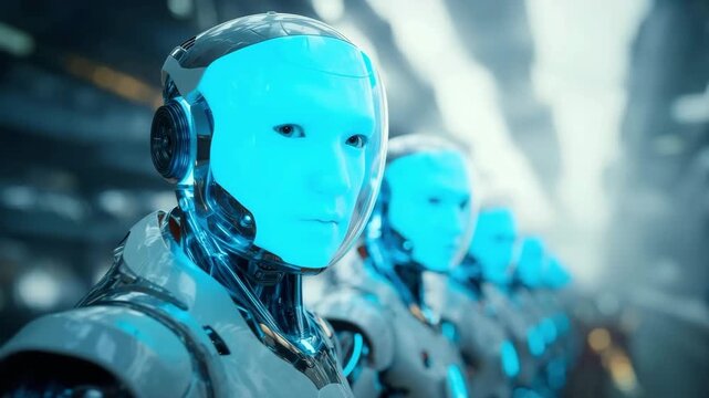 White cyborgs with blue glowing parts standing in line representing advanced ai technology in automation