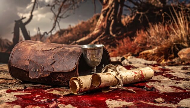 Ancient leather pouch, rolled scroll, and goblet stained with blood on a desolate ground, representing historical sacrifice or biblical themes