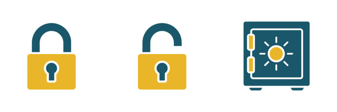 flat design security icon set featuring closed padlock, open padlock and safe symbols for data protection and safety vector illustration