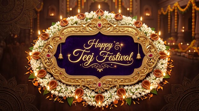 Happy Teej festival greeting card with floral border and glowing oil lamps