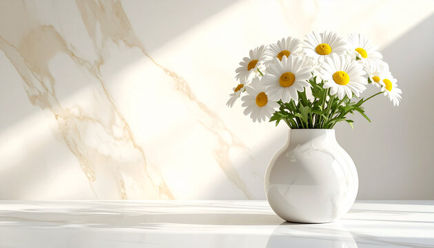 White daisy flowers in a simple vase with sunlight and shadow