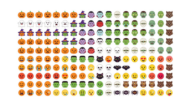 Cute cartoon monsters celebrating Halloween with witch mummy vampire zombie skeleton werewolf ghost in front of haunted house and full moon with pumpkins and bats