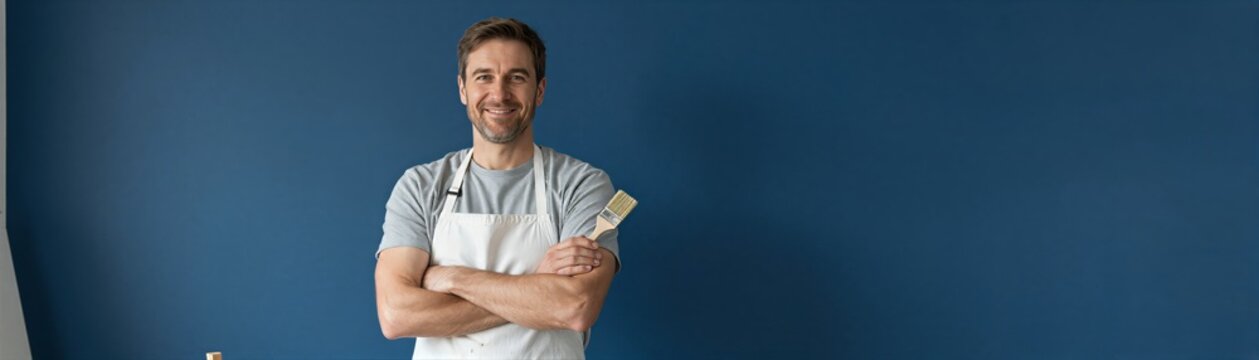 Man Standing Against Solid Blue Backdrop Middle Aged With Short Brown Hair Stubble On Chin Cheeks Indicating Unshaven For Time Prefers