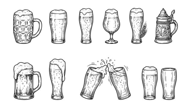 Hand Drawn Beer Glasses Set &ndash; Vintage Sketch Beer Mug and Pint Vector Illustration Collection