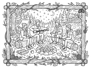 Obraz premium friends camping around a campfire at night coloring page illustration