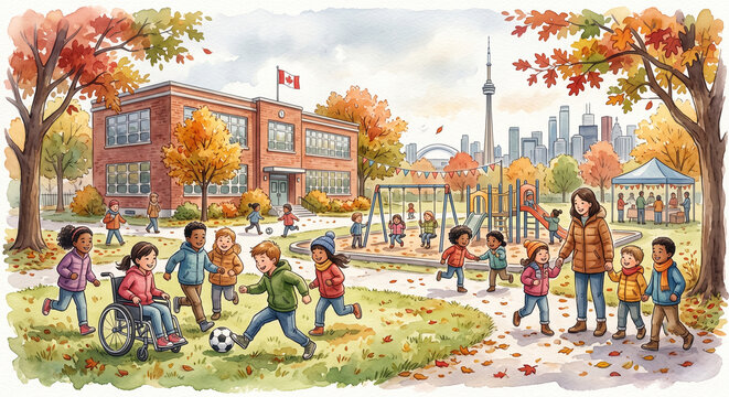 Elementary school children playing soccer running and swinging in the schoolyard with the Toronto Canada CN Tower background during autumn