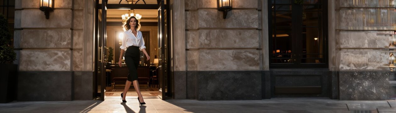 Captures Confident Woman Stepping Of Elegant Building To Late Afternoon Early Evening Dressed In Professional Attire Consisting Crisp