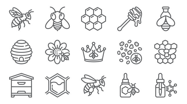 Honey bee and apiary line icon set.