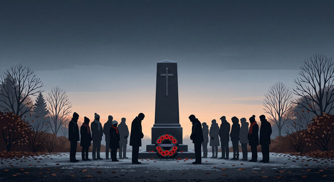 Silhouette of a group of people standing bowing paying respects in front of a cross monument at a serene winter dawn