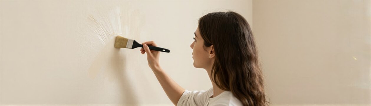 Captures Young Woman In Midst Of Painting Wall With Paintbrush Focused On Task As Evidenced By Concentrated Gaze Directed Towards