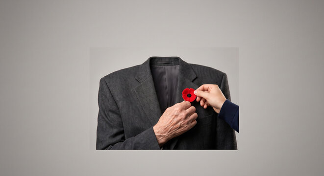 Someone pinning a Remembrance Day red poppy flower onto the lapel of a middle-aged man black wool blazer suit pure grey background