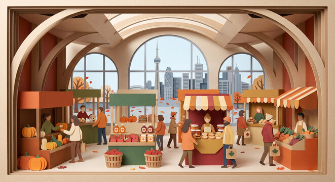 Papercraft art showing a modern indoor market with pumpkin fruit stalls against Toronto city skyline