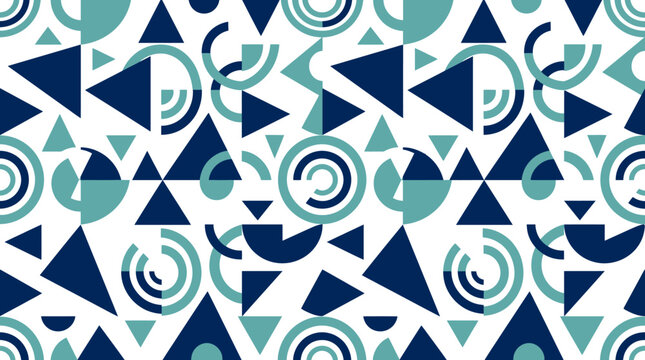 Geometric seamless pattern with blue triangles and concentric circles on white background.