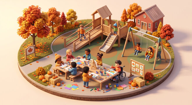 3D circle diorama mockup showing a school kids playground drawing coloring and playing swings with autumn theme