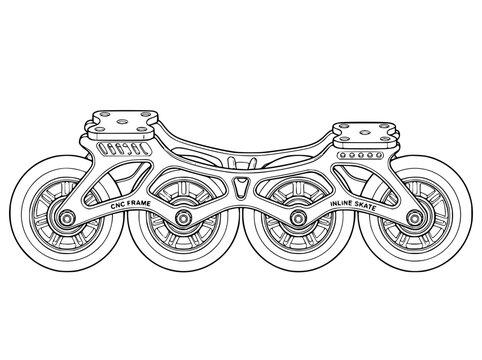Line Art Drawing of an Inline Skate Frame with Four Wheels