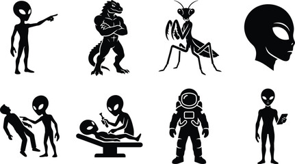 Alien extraterrestrial and sci-fi creatures vector silhouettes bundle featuring reptilian mantis astronaut abduction and ufo icons set © Mehedi