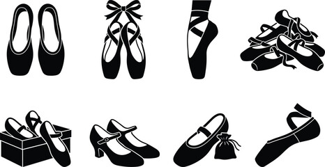 Ballet pointe shoes and dance footwear vector silhouettes bundle featuring pointe slippers mary janes and training icons set © Mehedi