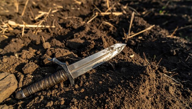 Ancient Medieval Sword Stuck in Dark Earth, Symbolizing History, Conflict, and Abandonment in a Rural Field