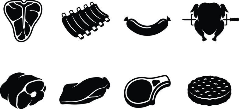 Butcher shop and barbecue meat icon set featuring black vector silhouettes of steak ribs sausage ham and chicken