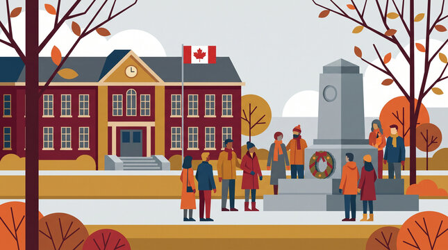 Vector illustration of a group of citizens gathering to honor a memorial monument with a wreath in a Canadian school yard.