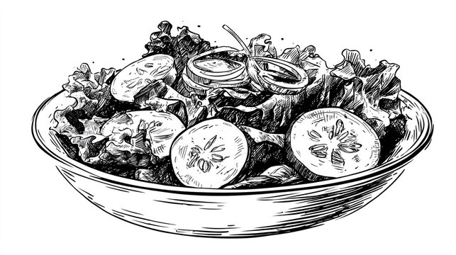 Hand drawn sketch illustration of fresh vegetable salad in bowl.