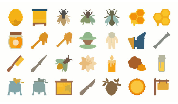 Beekeeping and Honey Production Icon Set with Hive Tools Honeycomb and Queen Bee Vector Collection