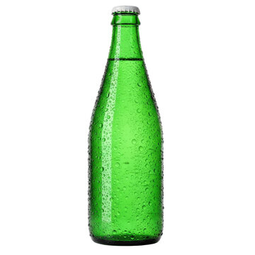 A single green glass bottle of sparkling water with water droplets isolated on a white background.