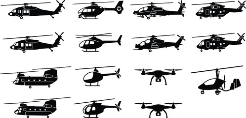 Helicopter and drone aircraft silhouette icon set featuring black vector shapes of military attack transport and civilian choppers © Mehedi