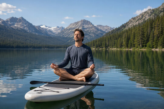 Man Meditating Outdoors On Paddleboard In Calm Lake