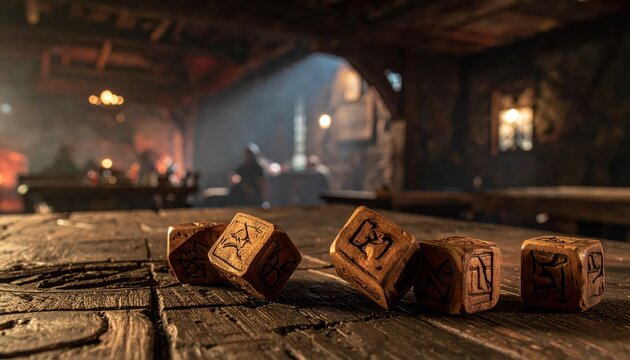 Ancient Norse runes engraved on wooden dice in a dimly lit medieval tavern setting