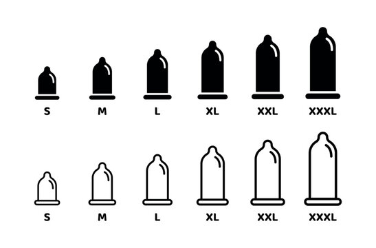 Set of condoms icons in different size from small to extra large labeled with text. Comparison of contraception product scale. Vector illustration for sexual health and protection education.