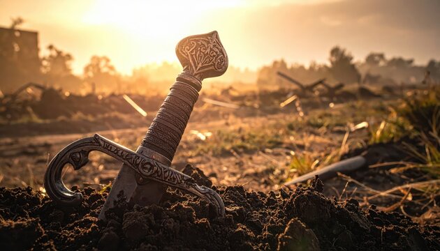Ancient ornate sword stuck in muddy ground at sunset, symbolizing legacy, power, and forgotten battles