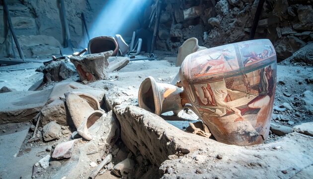 Ancient painted amphora and artifacts unearthed from archaeological excavation site with dramatic light