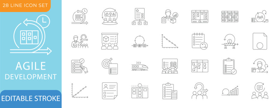 Agile Development and Scrum Line Icon Set. Editable Stroke Vector.