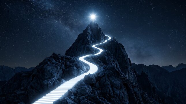 Glowing staircase leading to bright star atop rugged mountain peak at night under clear starry sky 3D render representing success and spiritual journey toward reaching ultimate goals
