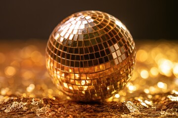 Obraz premium Golden disco ball reflects light on a shimmering sequined surface