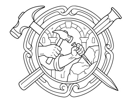 Stone Mason Hands with Hammer and Chisel Line Art