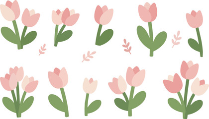Fototapeta premium Spring floral beauty concept pink tulip flower set flat vector illustration