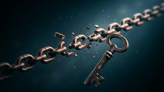 A rusted metal chain breaking into fragments with an old skeleton key floating nearby, set against a dark, moody, cinematic background