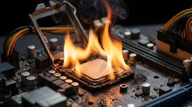 A computer processor on a motherboard with real flames and smoke coming from the cpu socket.