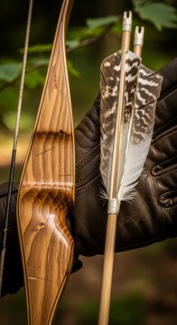 Hand holding bow and arrow outdoors.