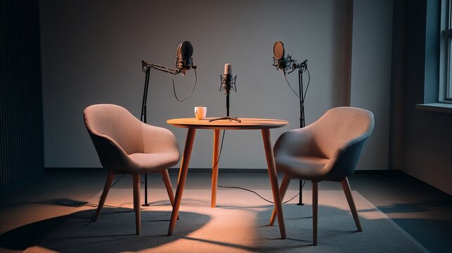 Minimalist podcast studio setup with two chairs, two microphones on stands, and clean wooden table, professional recording atmosphere