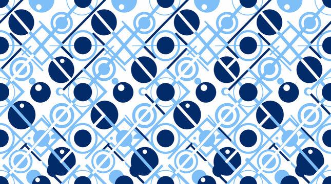 Abstract geometric pattern with blue circles squares and diagonal lines on white surface.