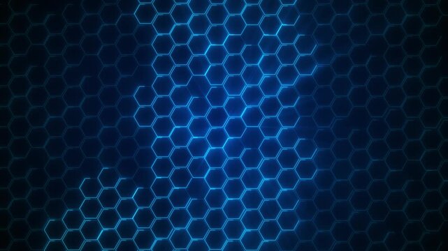 Blue hexagon grid technology background glowing cyan cells, dark digital depth, clean geometric pattern. science videos, cyber intros, medical tech screens, data visuals, futuristic panels, and modern