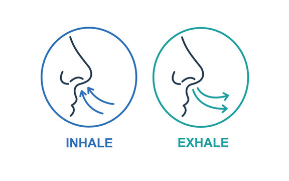 Inhale and Exhale Icons. Nose Breathing Illustration, Line Style, Editable Stroke Vector.